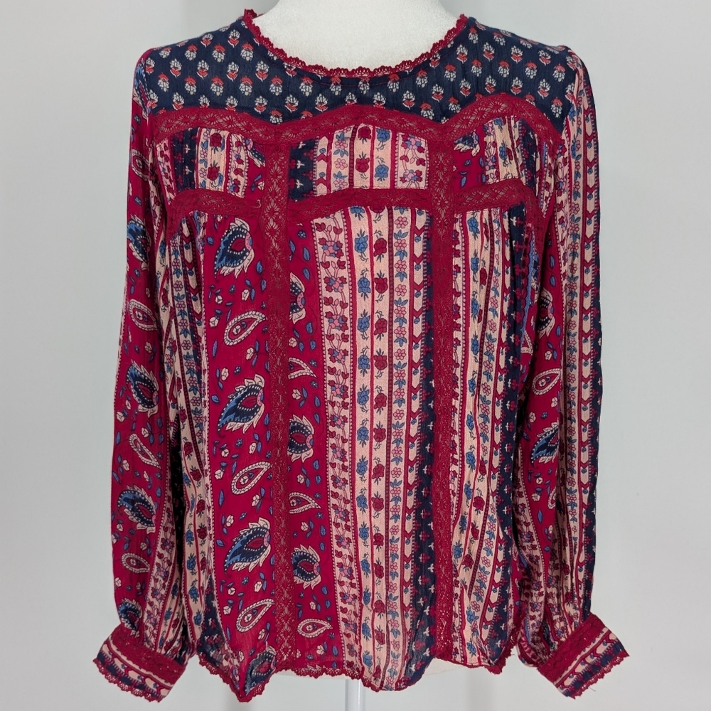Anthropologie Red Navy Blue Boho Long Sleeve Gretchen Patchwork Lace Blouse 12 - Picture 4 of 8